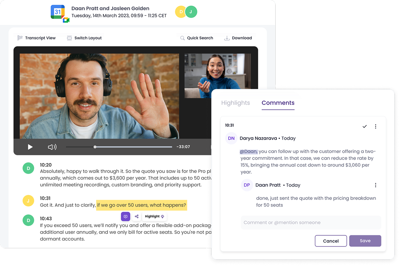 team having online meeting and getting summary of their conversation on the top